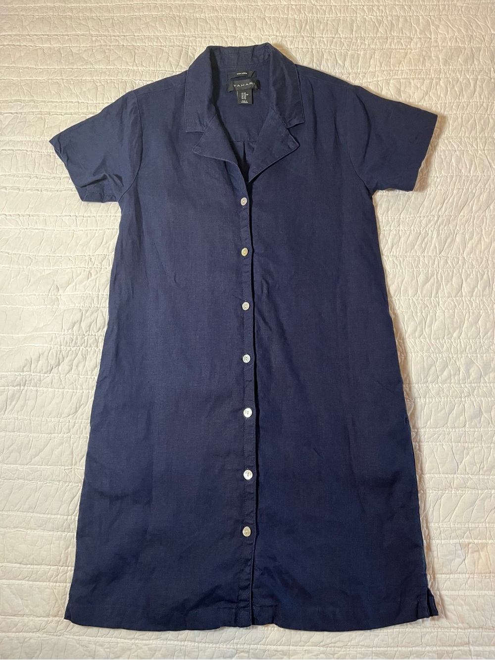Tahari Navy Linen Short Sleeve Button Front Shirt Dress XS